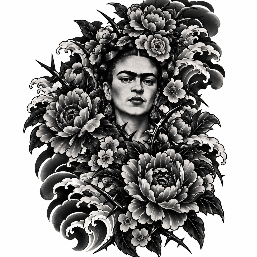 AI tattoo flash: “frida kahlo ausgebreitete blüten das gesicht klar, ich möchte mehr blumen und ausg
