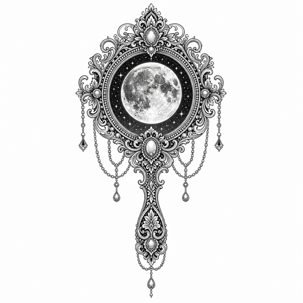 AI tattoo flash: ornate hand mirror reflecting a moon. Preview it on your own skin and export an art
