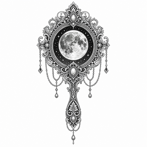 ornate hand mirror reflecting a moon