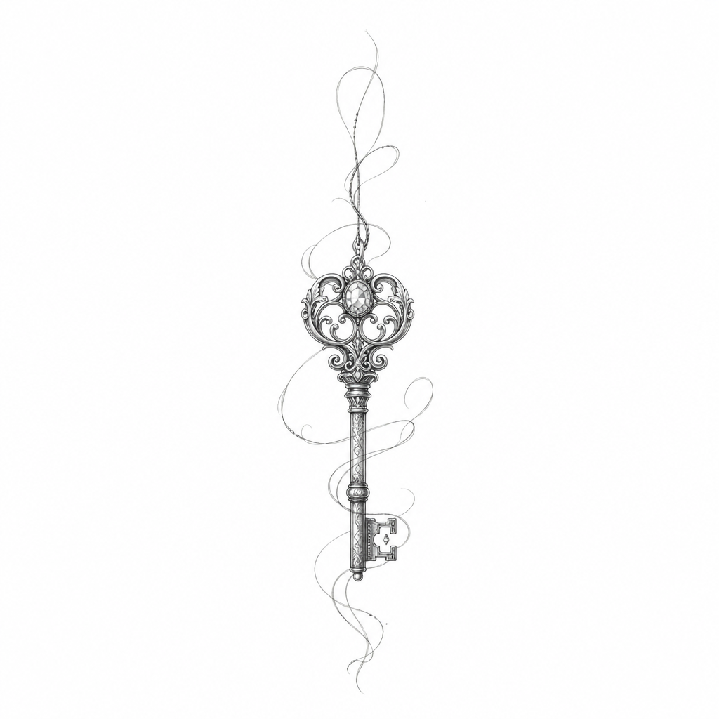 AI tattoo flash: A delicate, single-needle tattoo design featuring a tiny vintage key intricately de