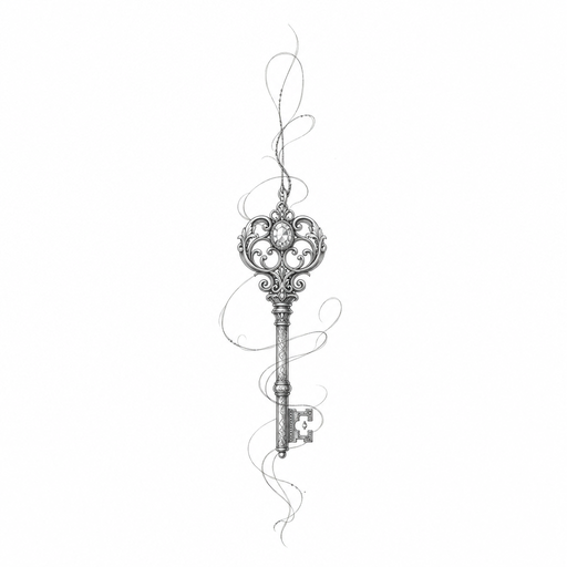 A delicate, single-needle tattoo design featuring a tiny vintage key intricately