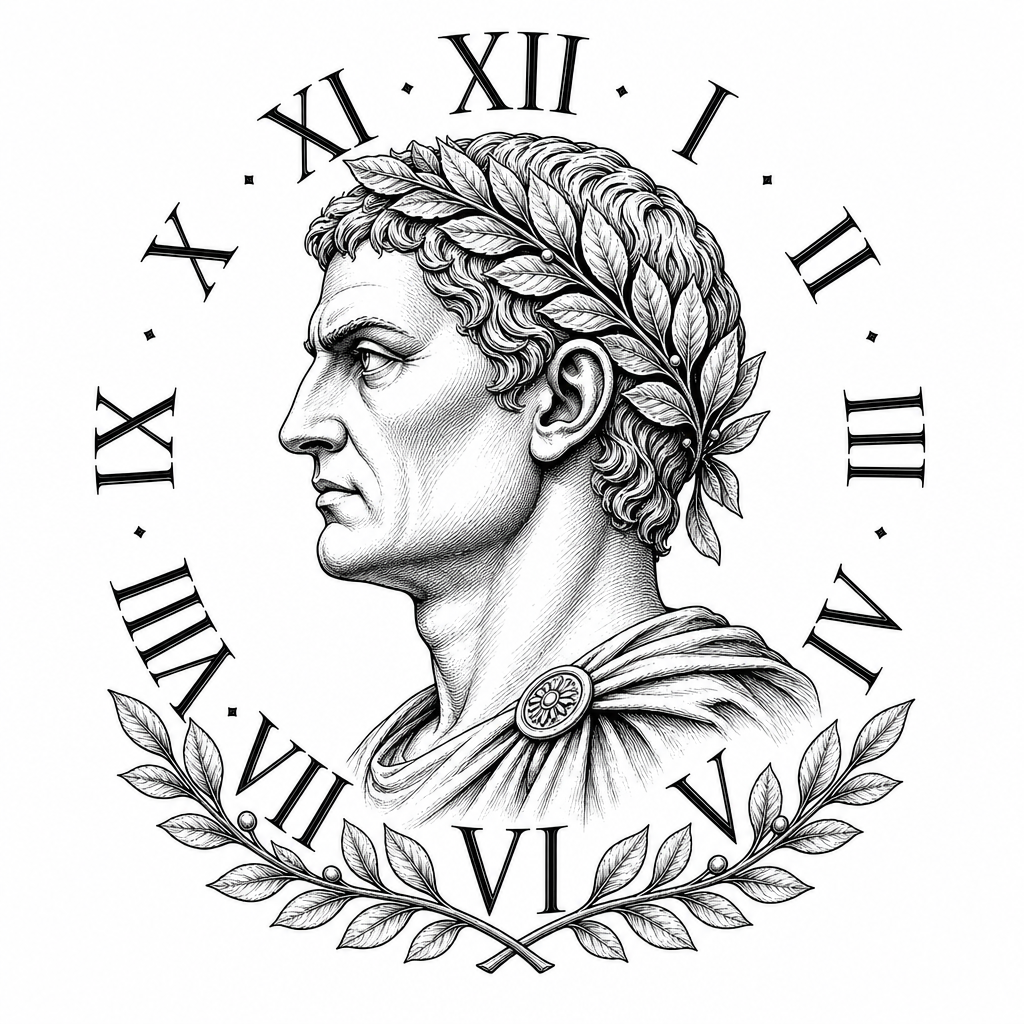 AI tattoo flash: A striking profile of a stern emperor, rendered in intricate detail, faces left wit