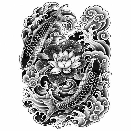 twin koi circling a lotus pond