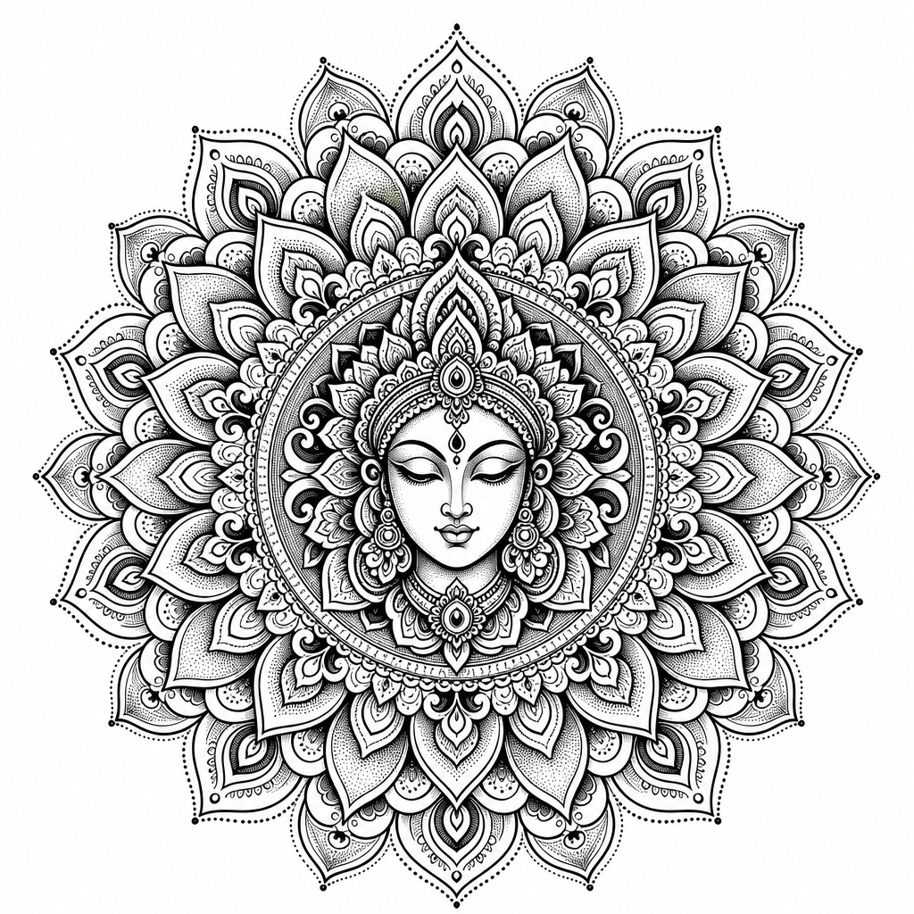 AI tattoo flash: goddess face surrounded by symmetrical petals. Preview it on your own skin and expo