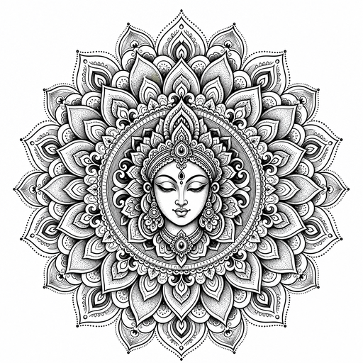 goddess face surrounded by symmetrical petals
