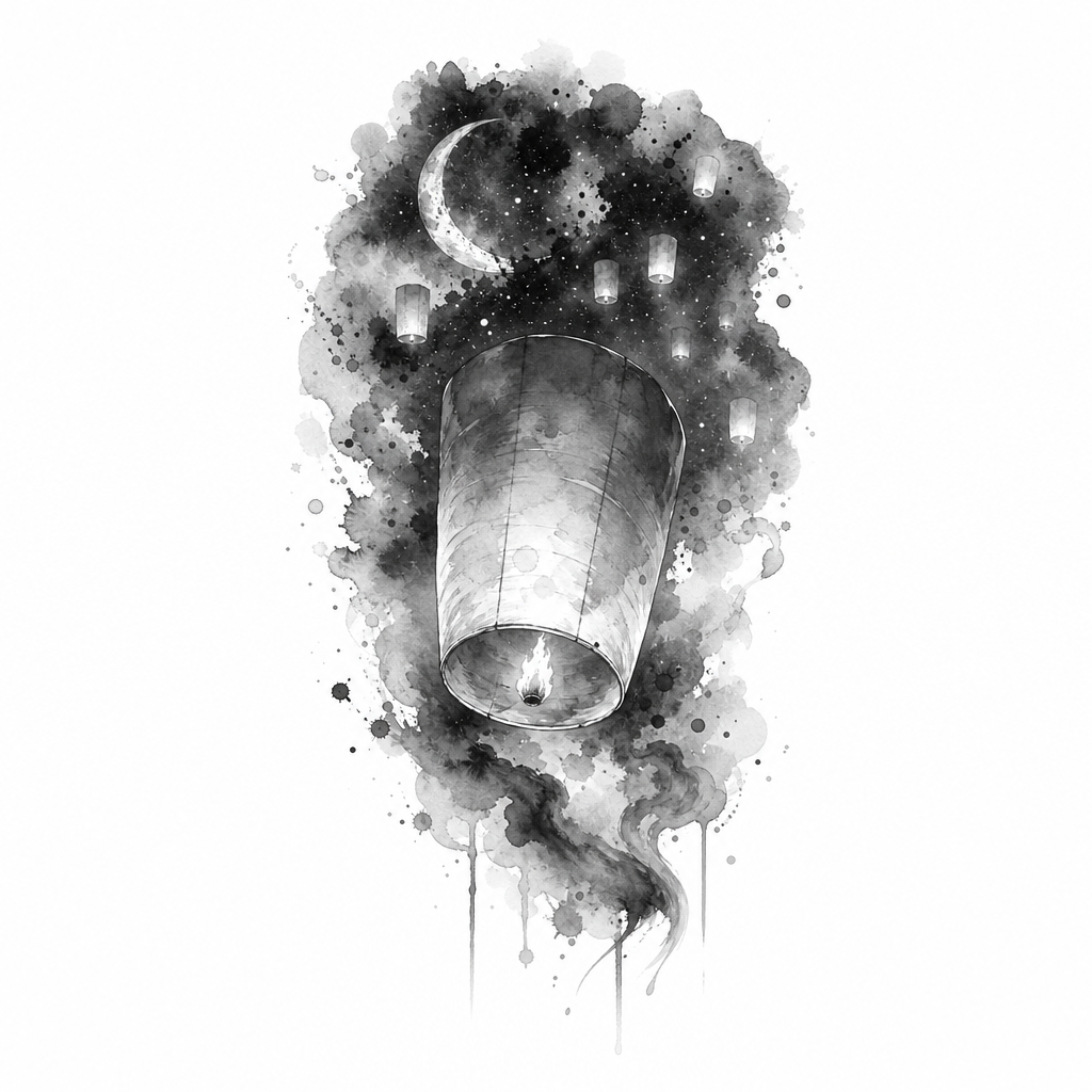 AI tattoo flash: paper lantern drifting into the night. Preview it on your own skin and export an ar